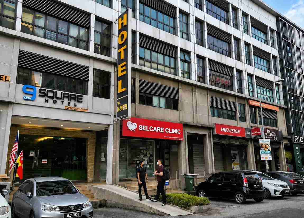 Street view of the 9 Square Hotel building and shops in Subang Jaya